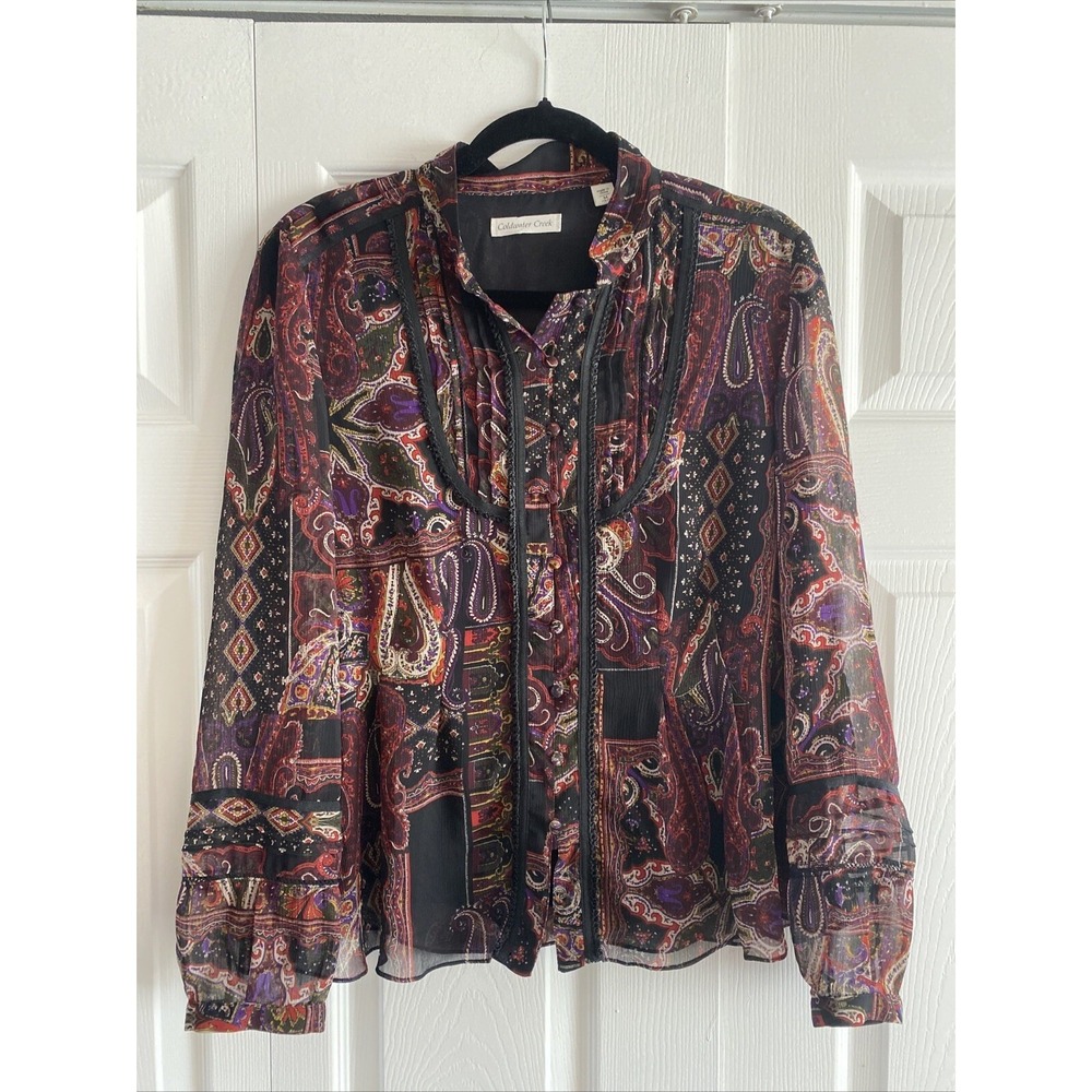 Victorian Paisley Bib Blouse Womens Size M Earthy Fem Romantic Textured Flowy